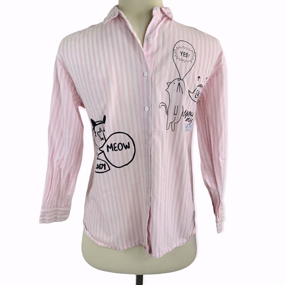 Button Front Cotton Cat Lady Pink White Striped Shirt Girls Size 9 by ZARA KIDS